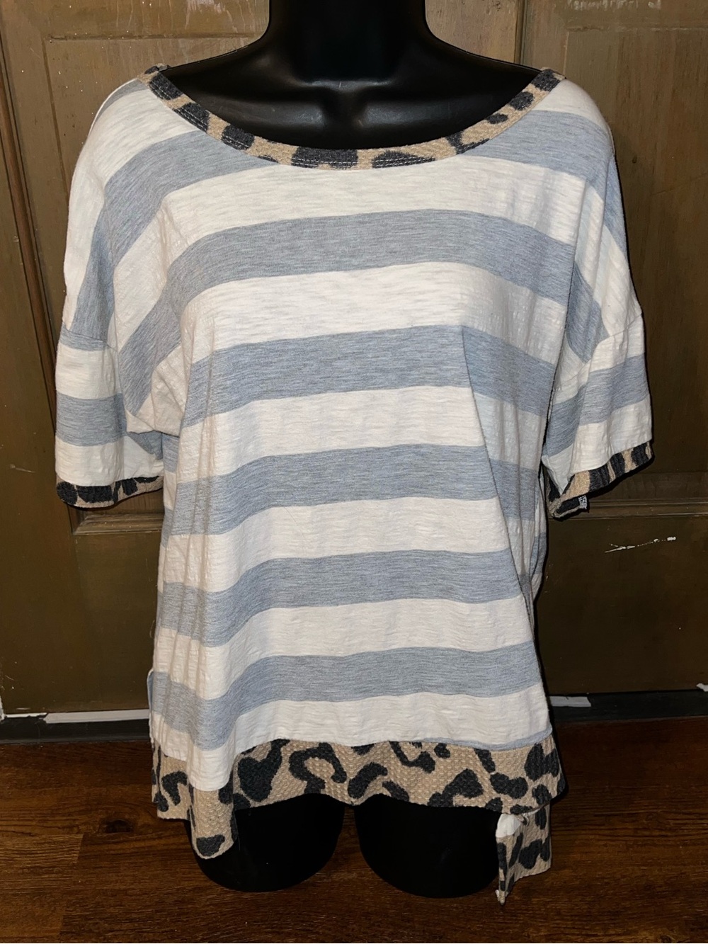 White Striped Oversized Shirt Knit Leopard Print Trim Colorblock Boho Size M